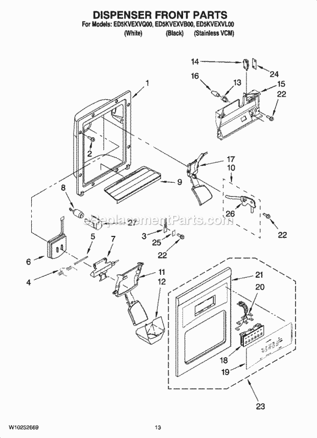 DISPENSER FRONT PARTS Diagram and Parts List for ED5KVEXVB00  Whirlpool Refrigerator