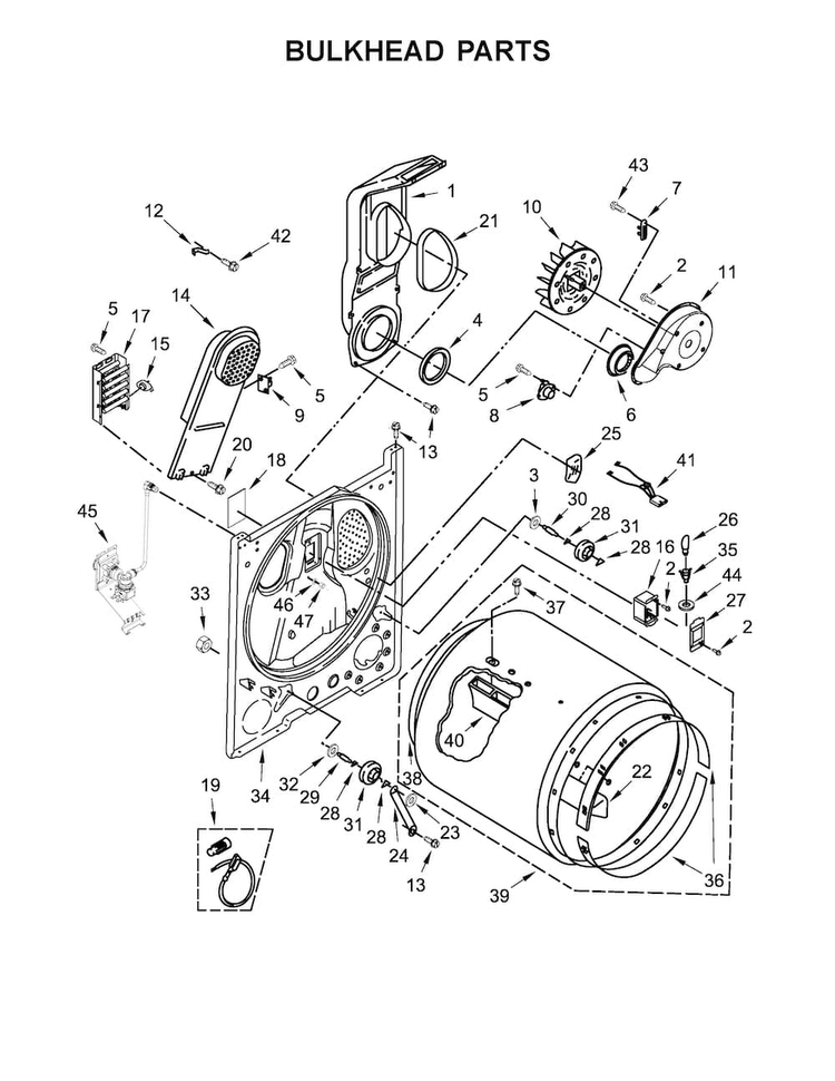 Bulkhead Parts Diagram and Parts List for WED7300DW0  Whirlpool Dryer