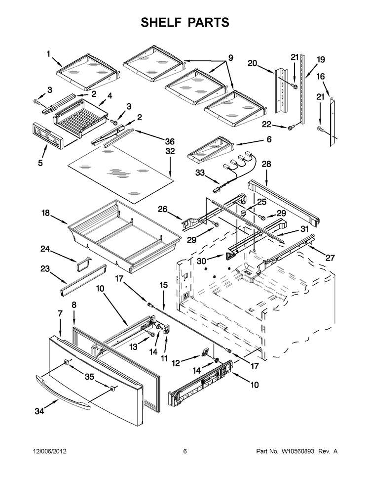 SHELF PARTS Diagram and Parts List for KFXS25RYWH5  KitchenAid Refrigerator