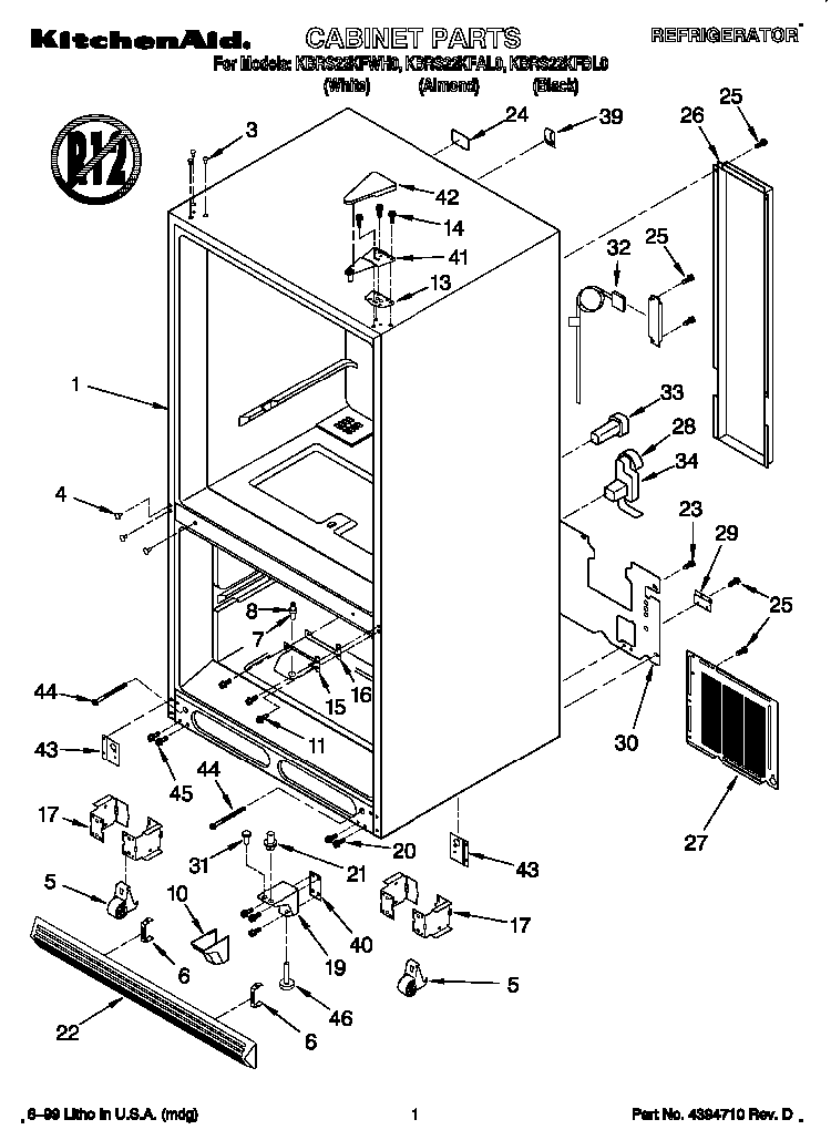 Cabinet Diagram and Parts List for KBRS22KFBL00  KitchenAid Refrigerator