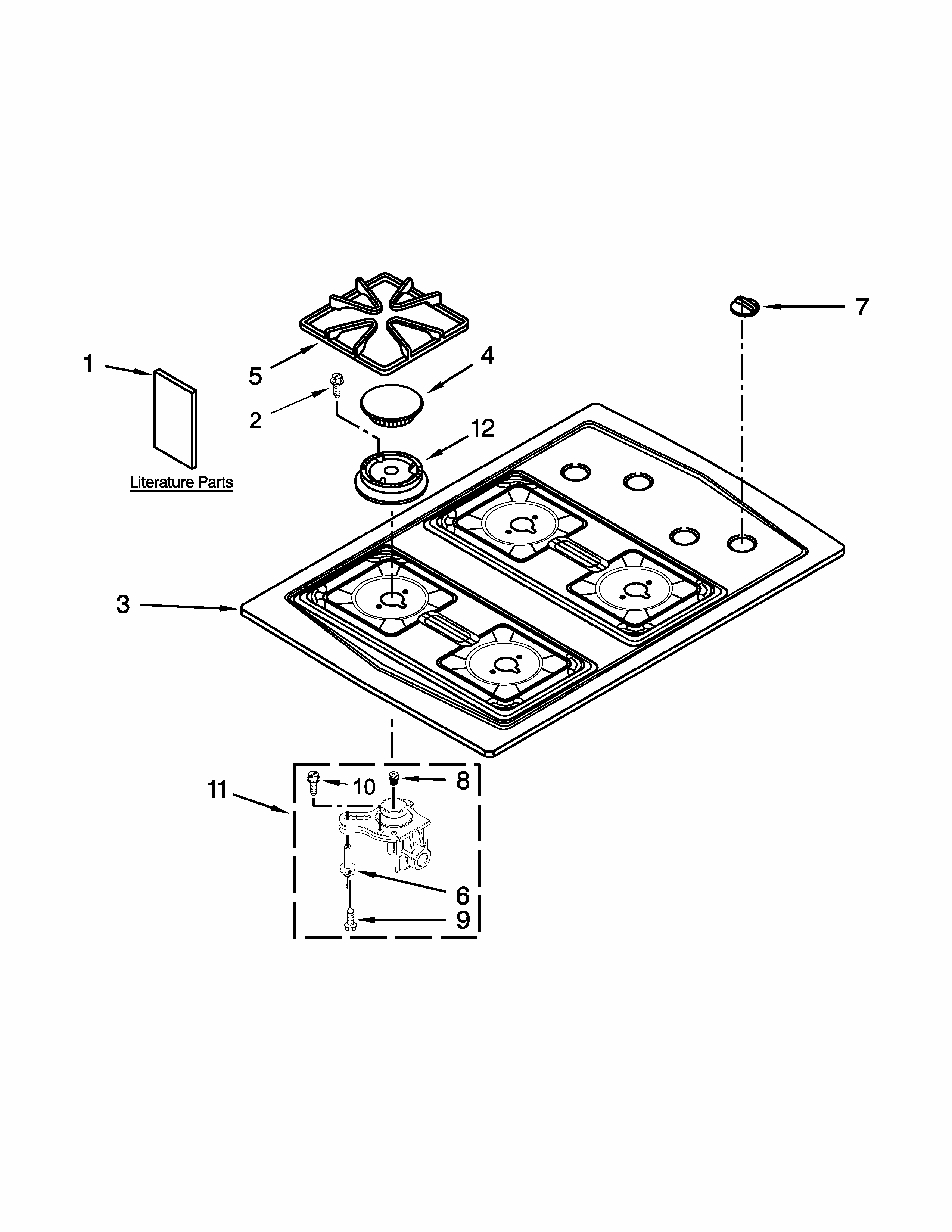 Cooktop, Burner And Grate Parts Diagram and Parts List for ICS333DS00  Whirlpool Cooktop