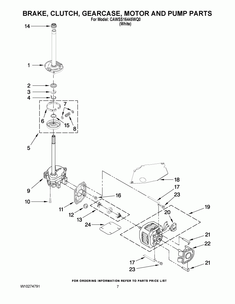 BRAKE, CLUTCH, GEARCASE, MOTOR AND PUMP PARTS Diagram and Parts List for CAWSS16445WQ0  Crosley Washer