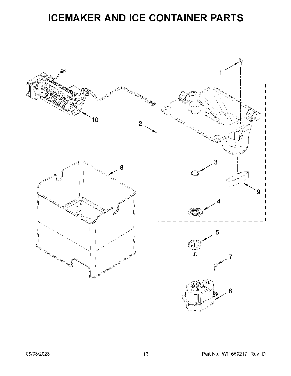 Icemaker And Ice Container Parts Diagram and Parts List for KRFF577KBS02  KitchenAid Refrigerator