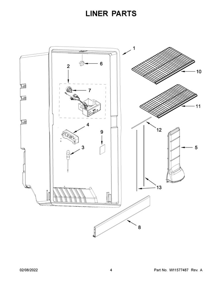 Liner Parts Diagram and Parts List for WZF57R16FW08  Whirlpool Freezer