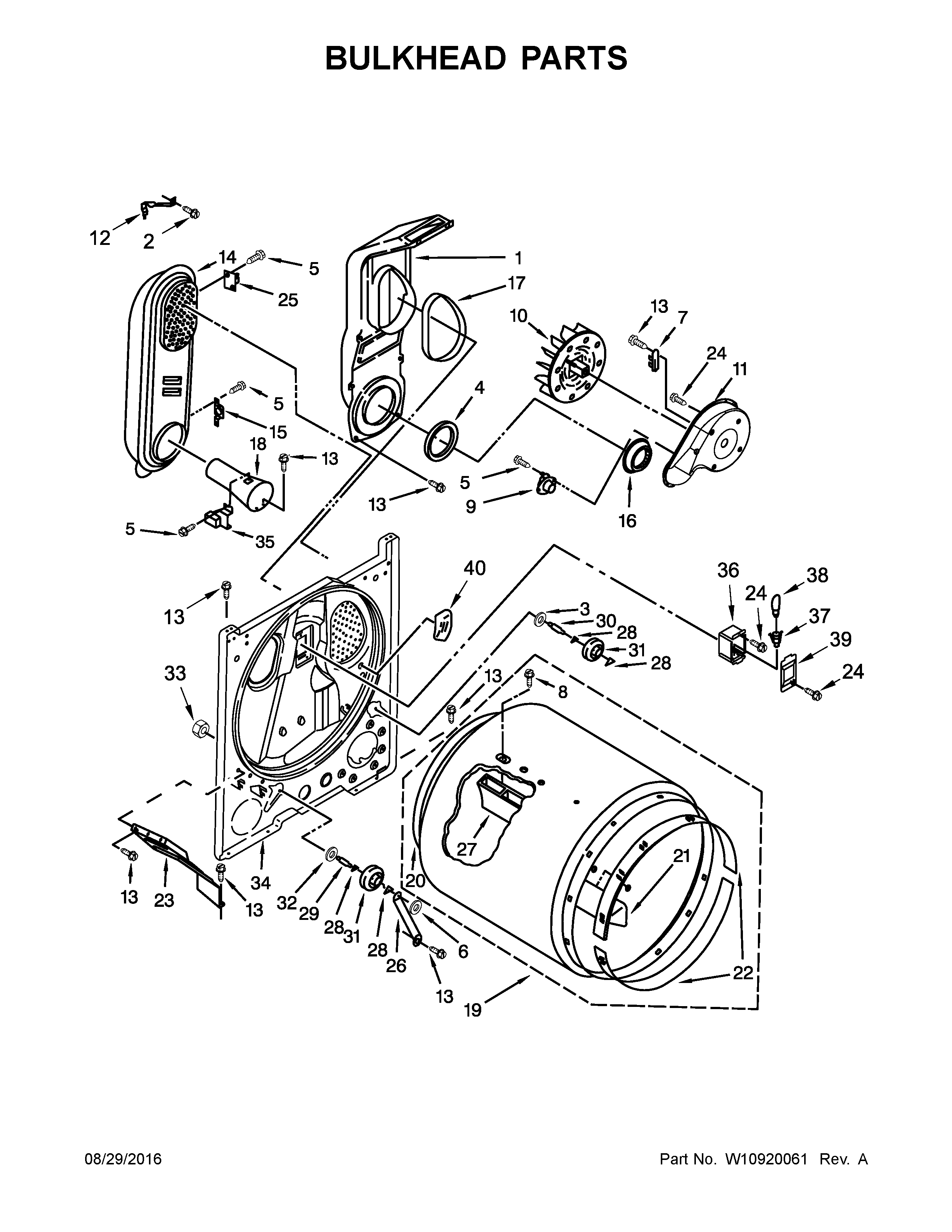 Bulkhead Parts Diagram and Parts List for 11076134610  Kenmore Dryer