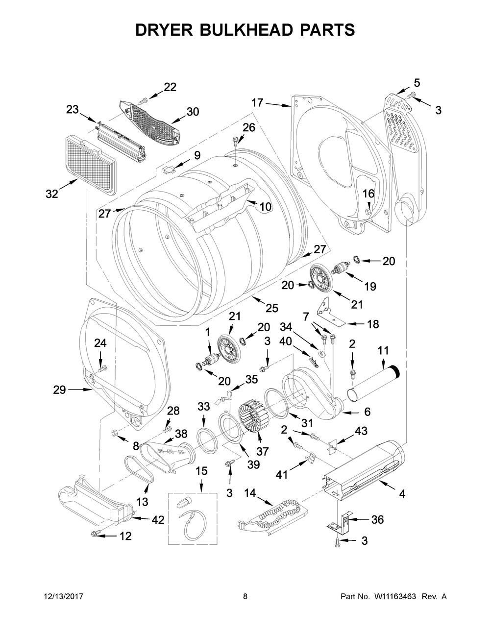 Dryer Bulkhead Parts Diagram and Parts List for WET4027HW0  Whirlpool Washer Dryer Combo
