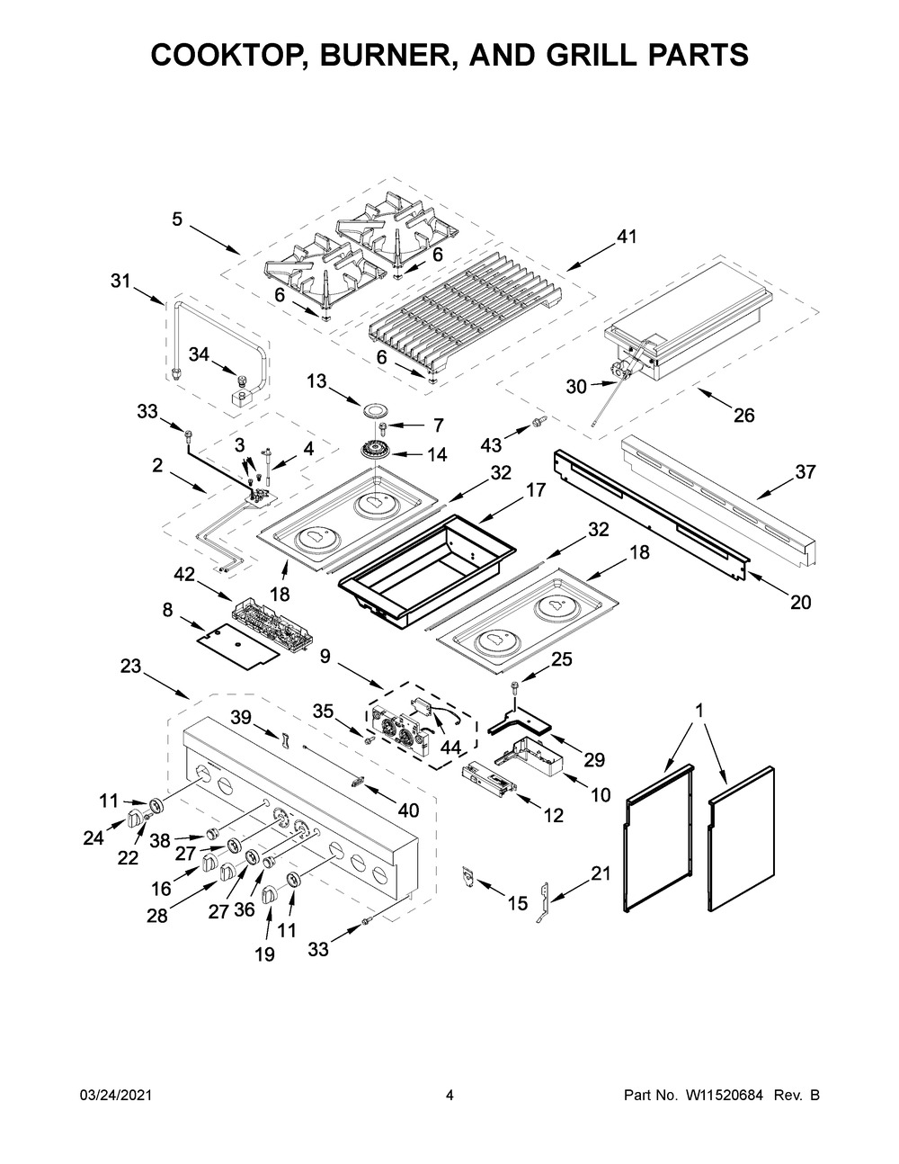 Cooktop, Burner, And Grill Parts Diagram and Parts List for JGRP636HL01  Whirlpool Range