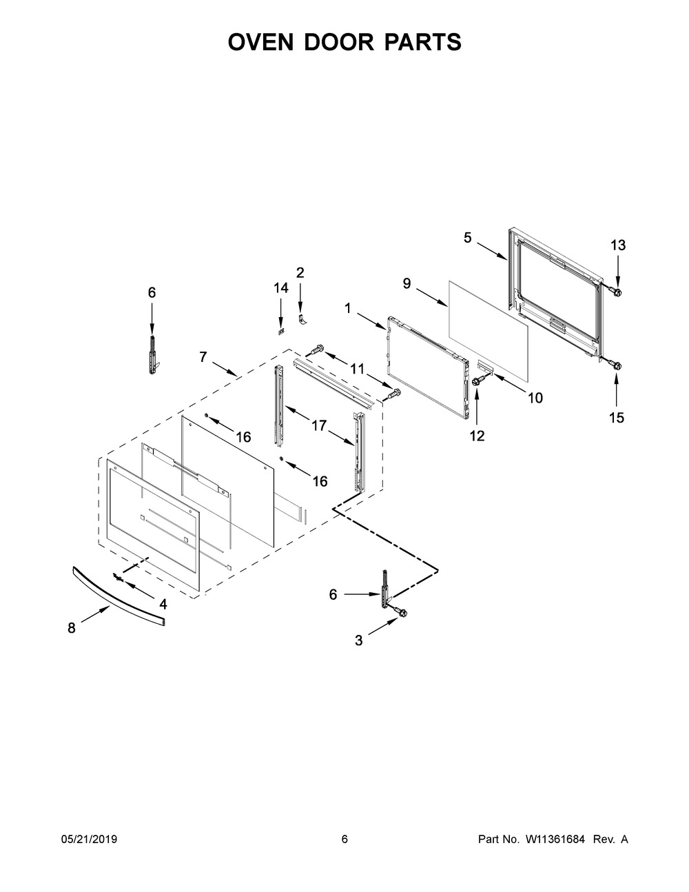 Oven Door Parts Diagram and Parts List for WOC97EC0HZ02  Whirlpool Microwave Oven Combo