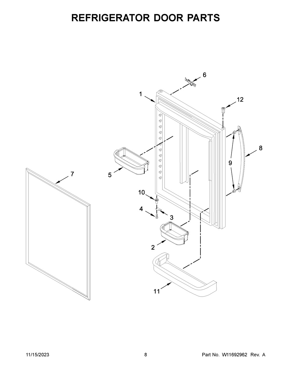 Refrigerator Door Parts Diagram and Parts List for WRB329LFBM05  Whirlpool Refrigerator