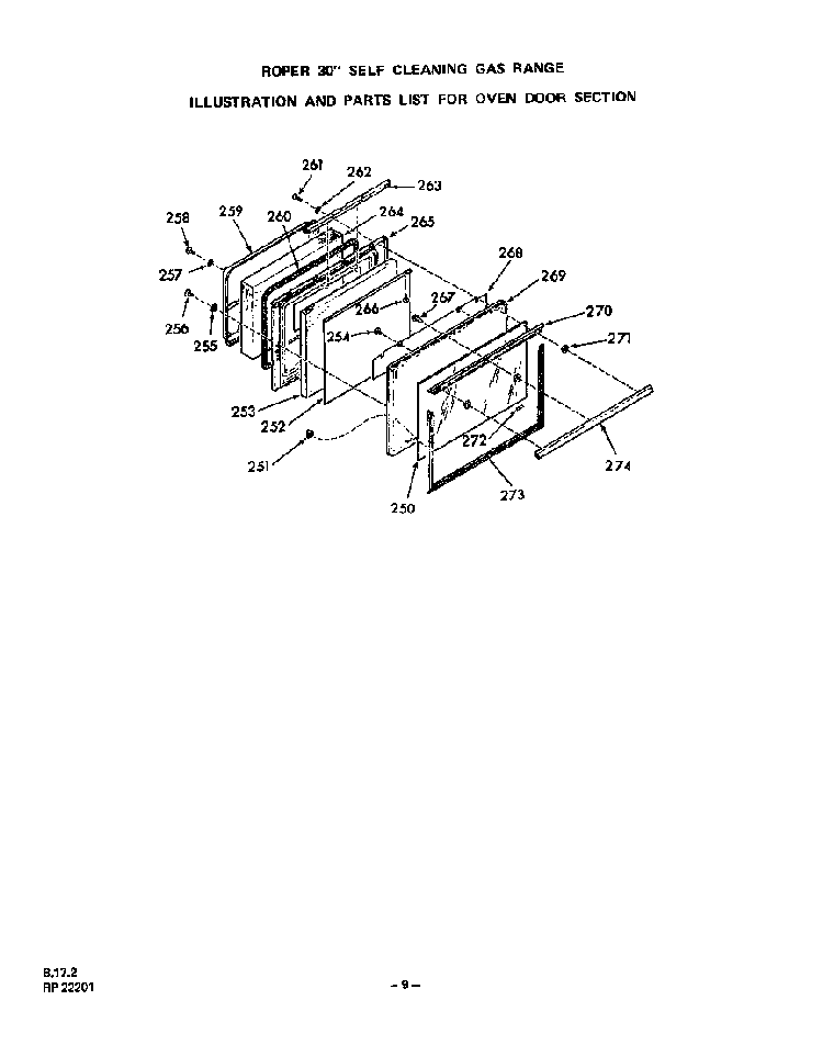 Oven Door Diagram and Parts List for 1353*2A  Roper Range