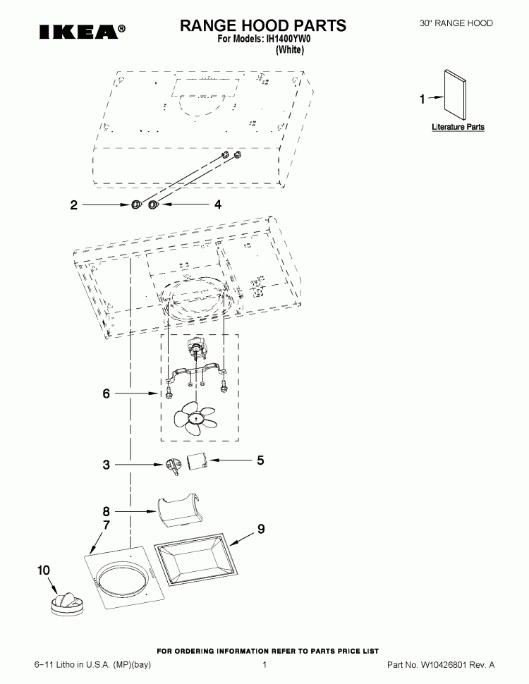RANGE HOOD PARTS Diagram and Parts List for IH1400YW0  Whirlpool Range Hood