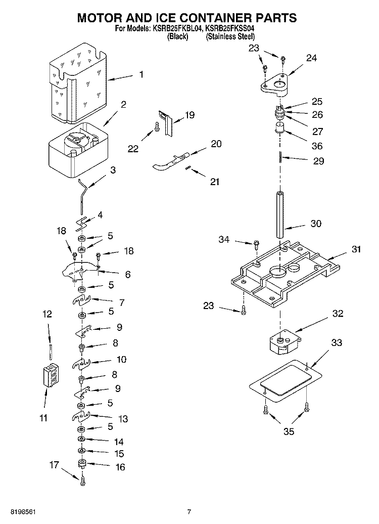 MOTOR AND ICE CONTAINER PARTS Diagram and Parts List for KSRB25FKBL04  KitchenAid Refrigerator