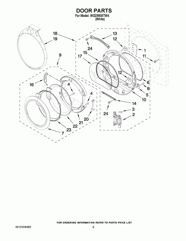 DOOR PARTS Diagram and Parts List for WGD9500TW4  Whirlpool Dryer