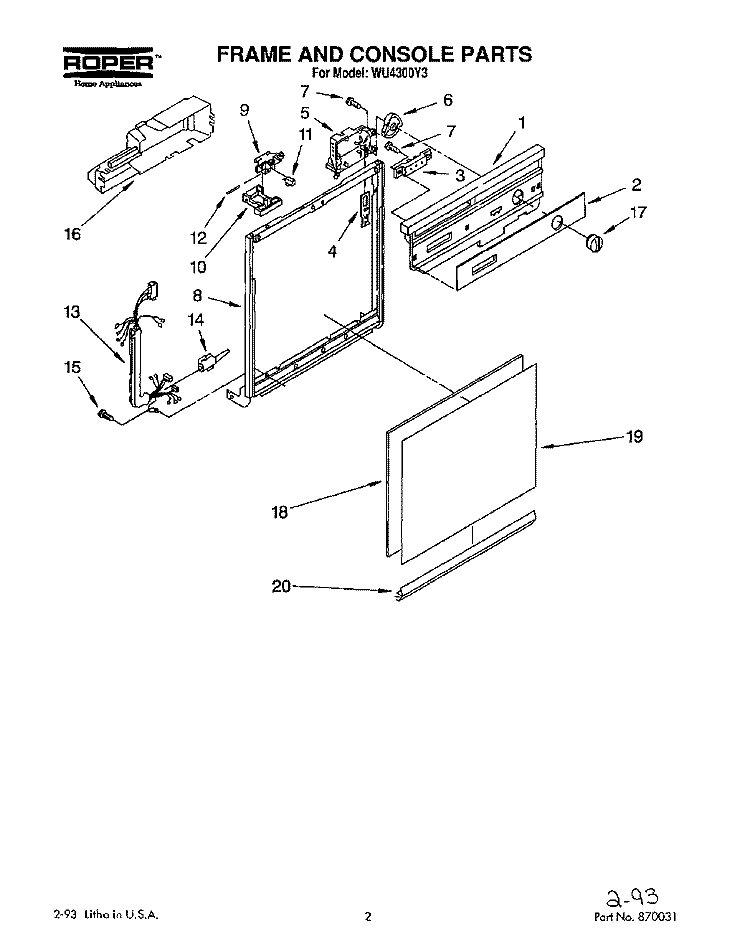 FRAME AND CONSOLE Diagram and Parts List for WU4300Y3  Roper Dishwasher