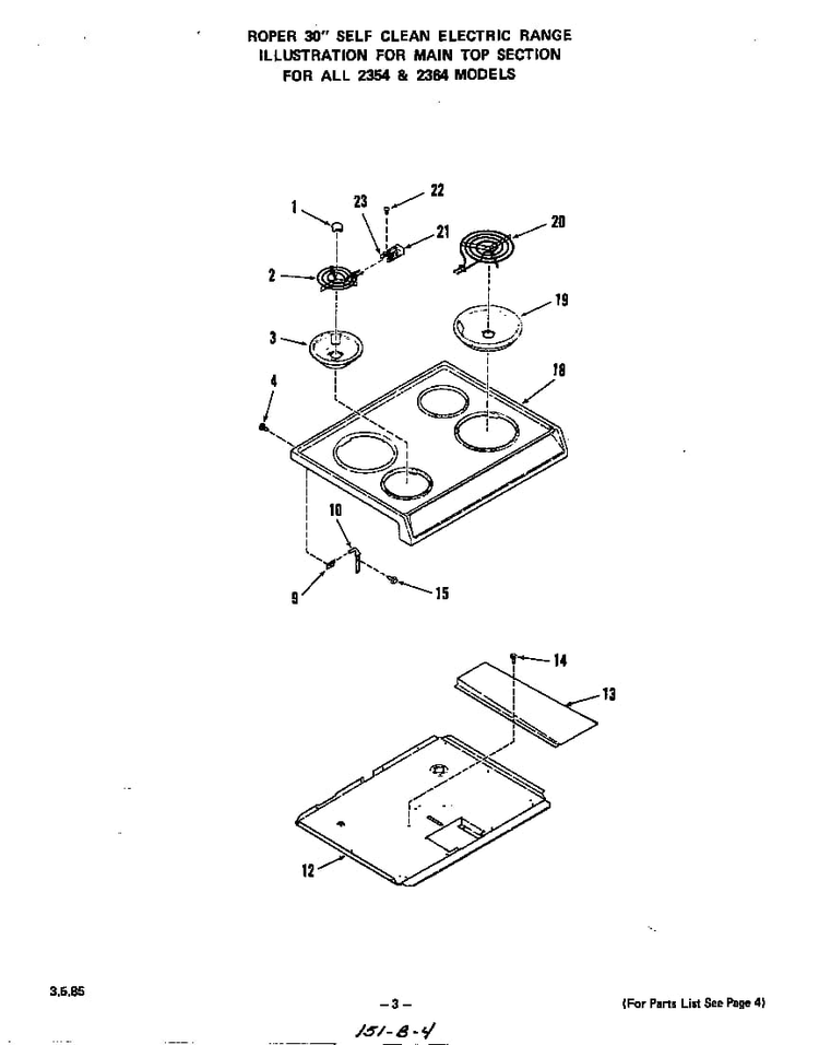 Main Top Diagram and Parts List for 2364*1A  Roper Range