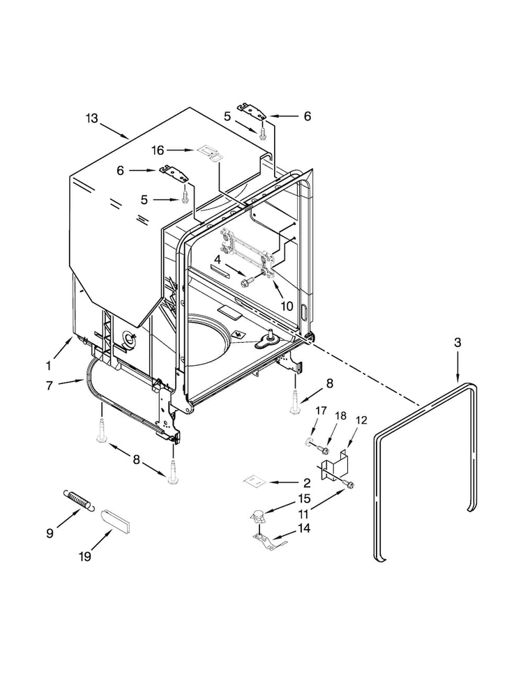 Tub And Frame Parts Diagram and Parts List for WDF730PAYW6  Whirlpool Dishwasher