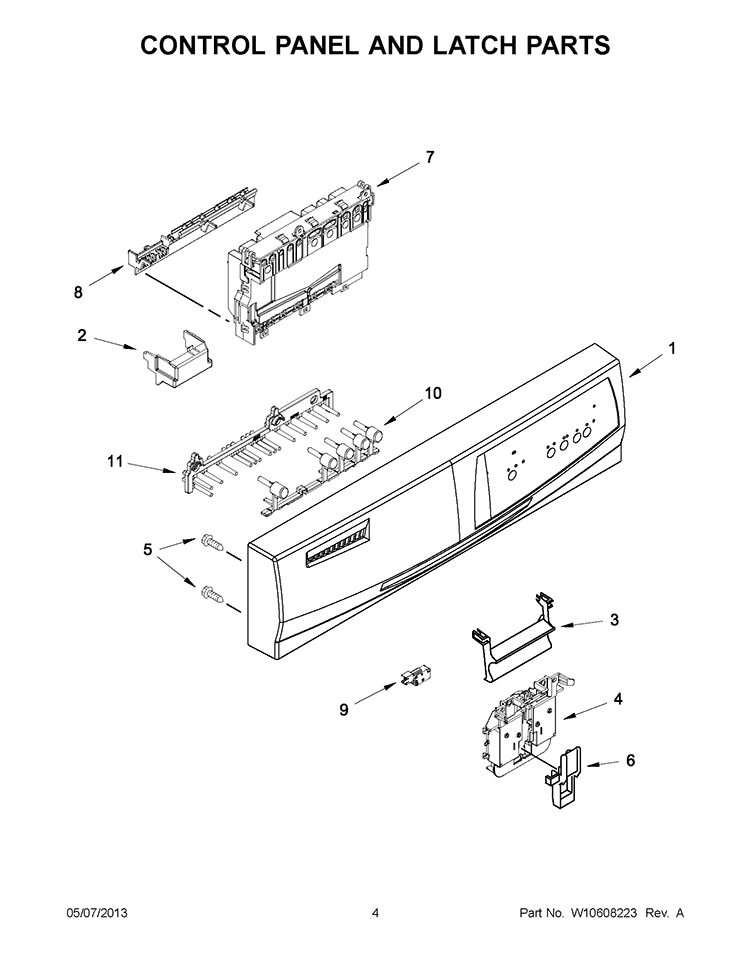 CONTROL PANEL AND LATCH PARTS Diagram and Parts List for WDF310PLAT3  Whirlpool Dishwasher