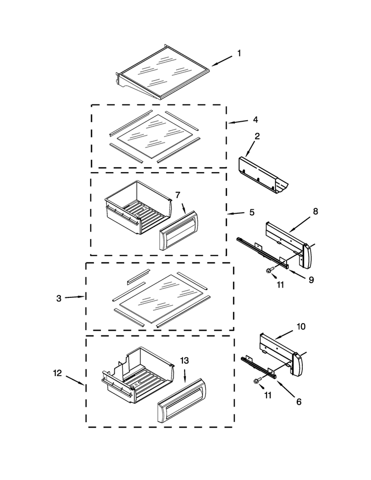Refrigerator Shelf Parts Diagram and Parts List for KBSD508ESS00  KitchenAid Refrigerator
