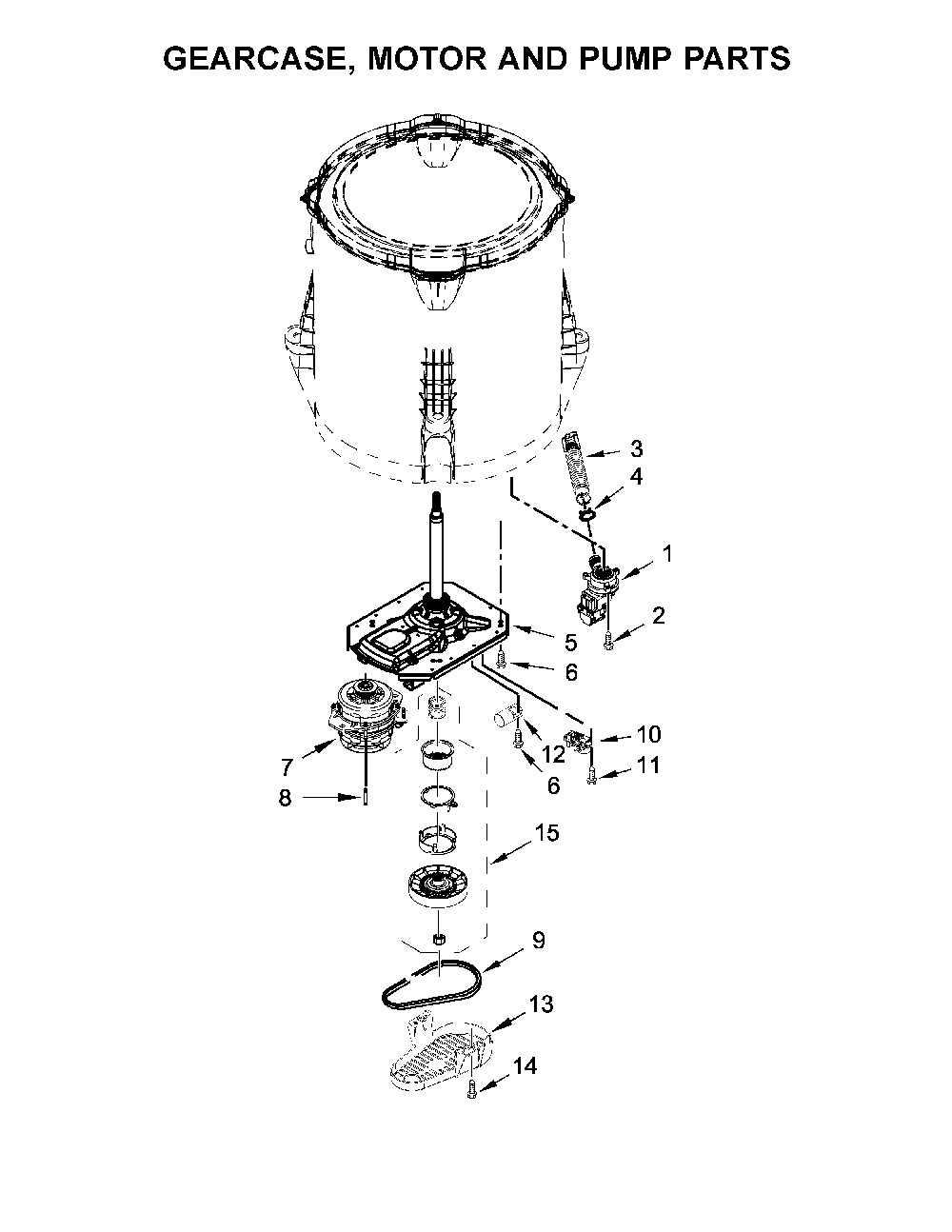 Gearcase, motor and pump parts Diagram and Parts List for 11020232711  Kenmore Washer