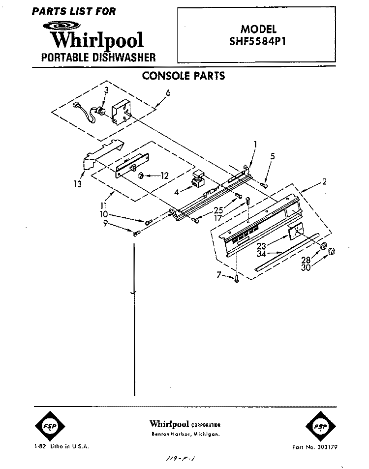 CONSOLE Diagram and Parts List for SHF5584P1  Whirlpool Dishwasher