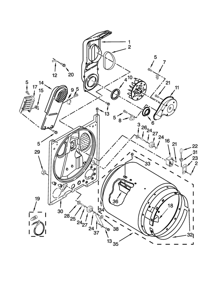Bulkhead Parts Diagram and Parts List for WED4810EW0  Whirlpool Dryer
