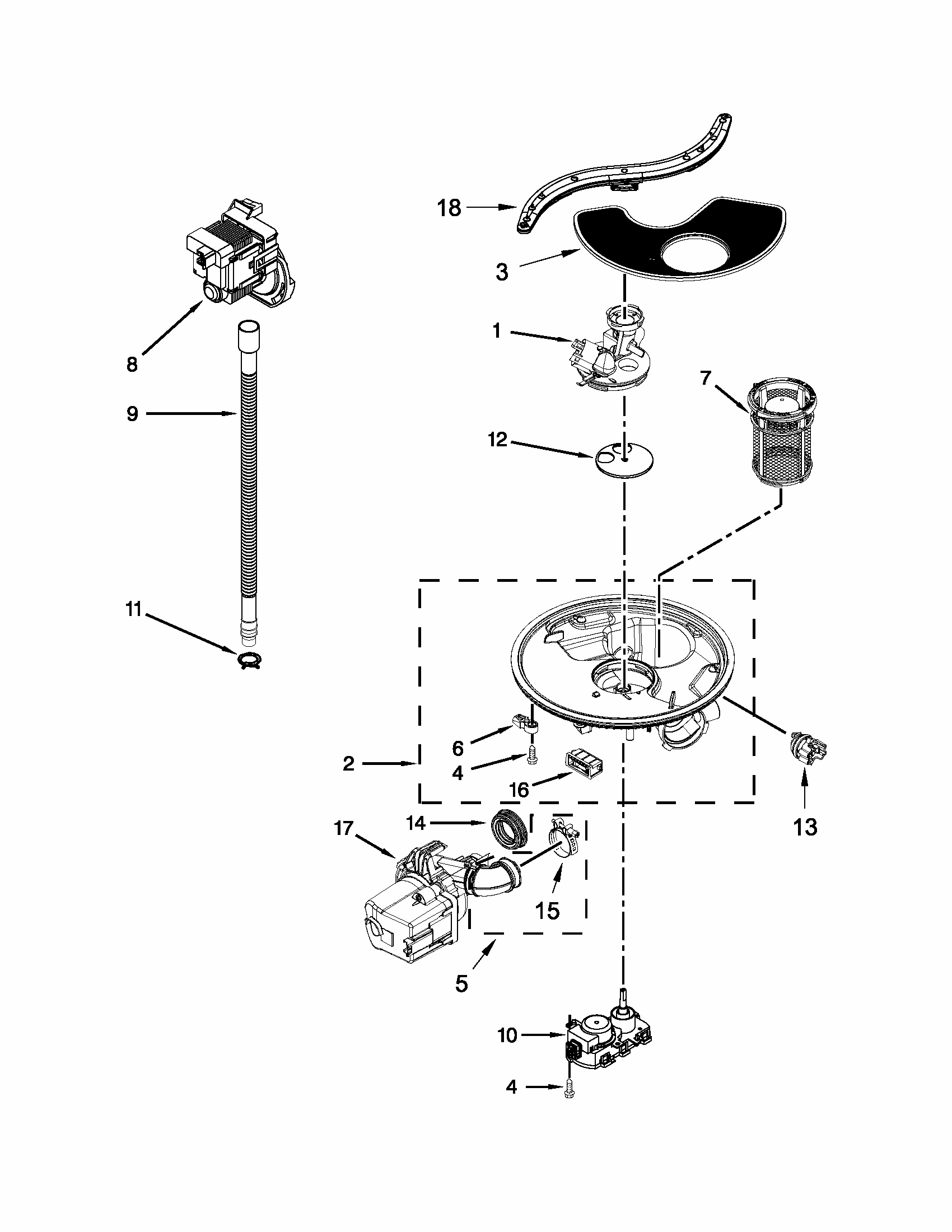 Pump, Washarm And Motor Parts Diagram and Parts List for 66513272K111  Kenmore Dishwasher