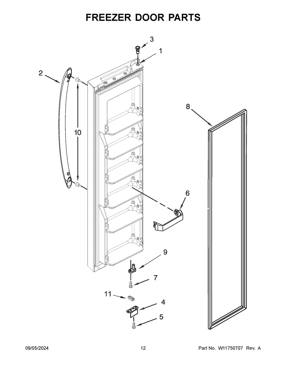 07 - Freezer Door Parts Diagram and Parts List for WRS312SNHW06  Whirlpool Refrigerator