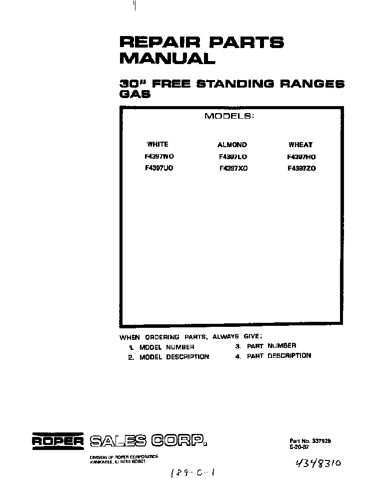 Cover Page-text Only Diagram and Parts List for F4397*0  Roper Range
