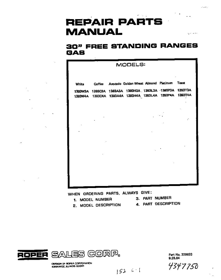 Cover Page-text Only Diagram and Parts List for 1393*3A  Roper Range