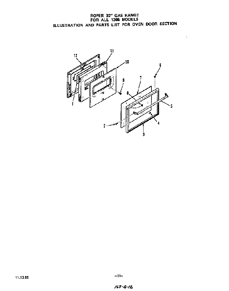 Oven Door Diagram and Parts List for 1305*0A  Roper Range