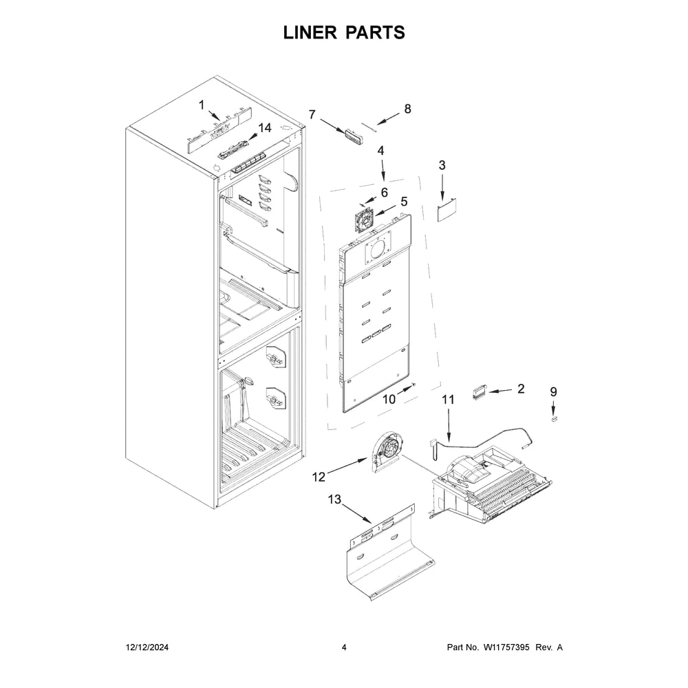 Liner Parts Diagram and Parts List for URBC5024PZ00  Whirlpool Refrigerator