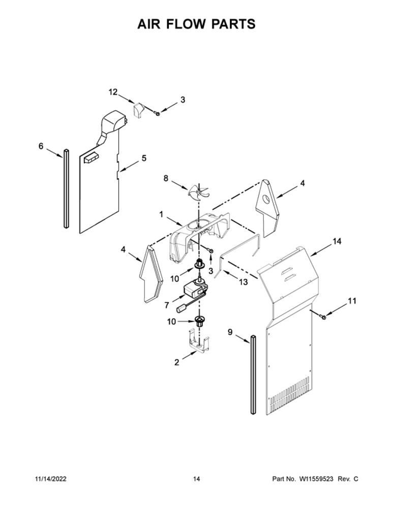 Air Flow Parts 2 Diagram and Parts List for WRS312SNHM06  Whirlpool Refrigerator