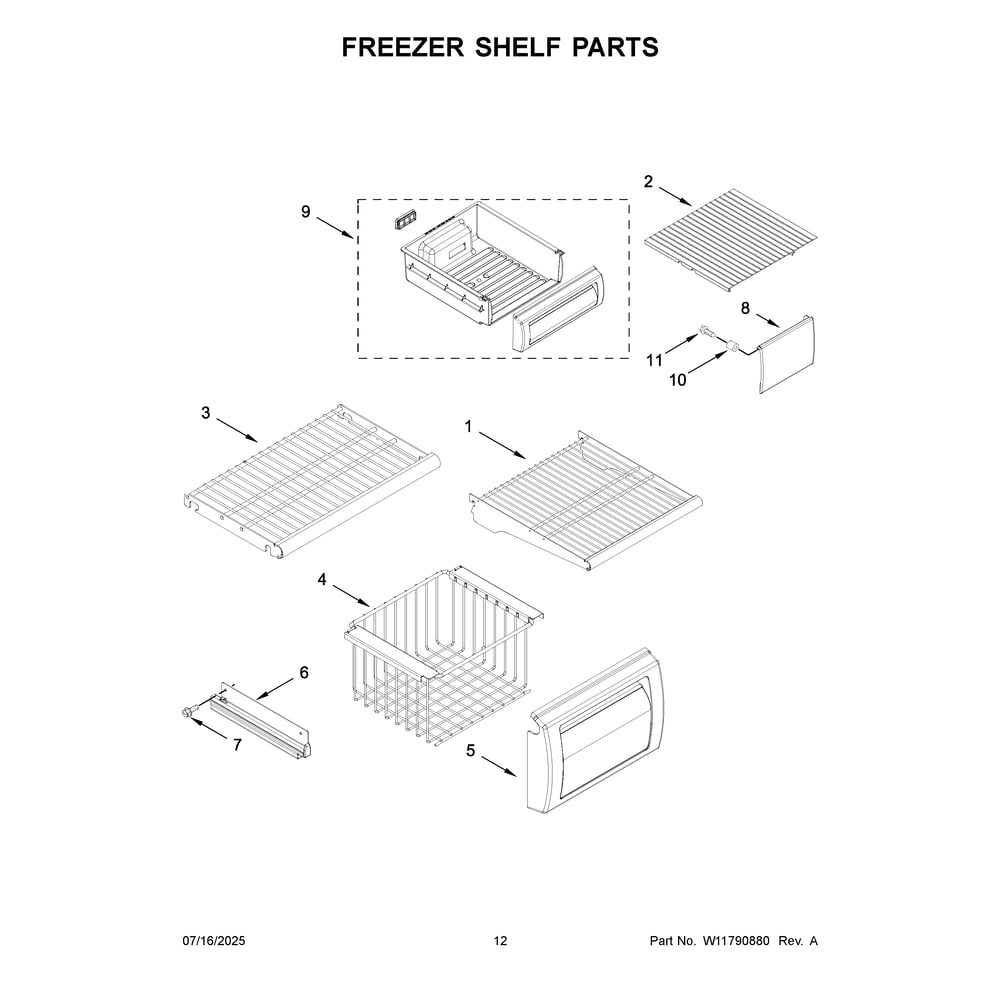 Freezer Shelf Parts Diagram and Parts List for KBSN702MPA01  KitchenAid Refrigerator