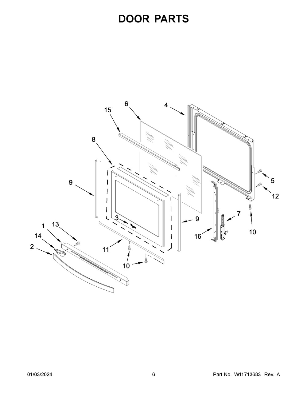 Door Parts Diagram and Parts List for WEE750H0HW5  Whirlpool Range