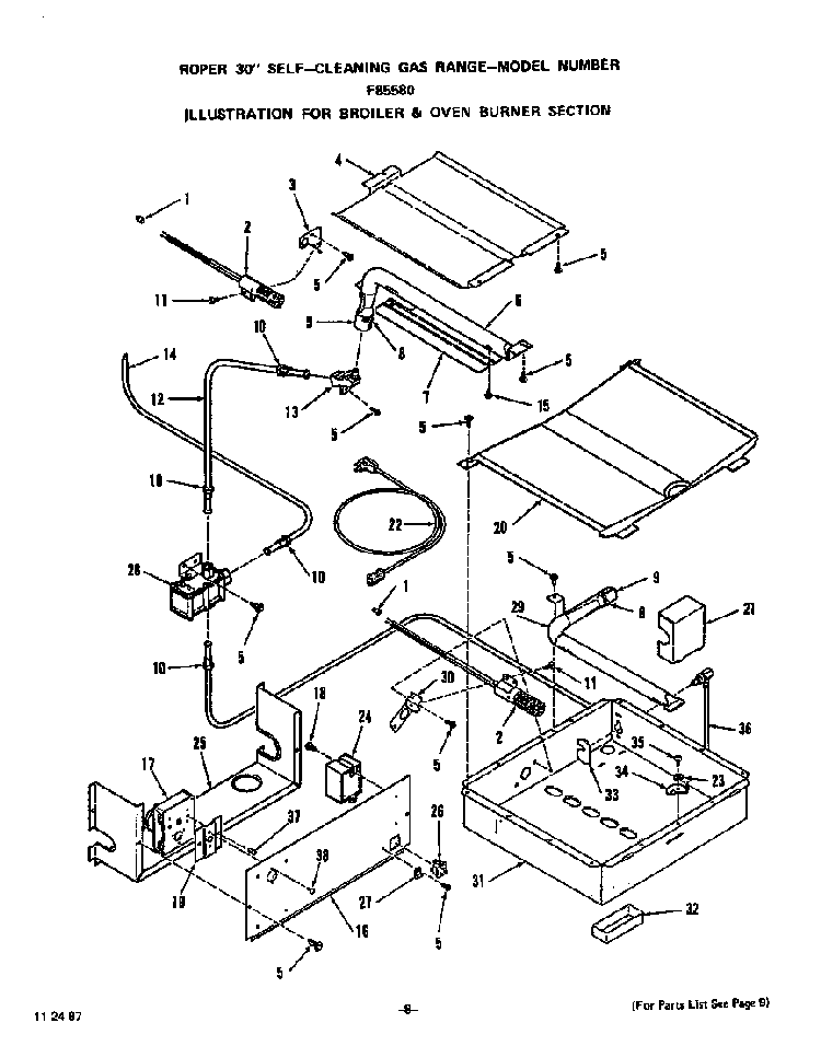 Broiler And Oven Burner Diagram and Parts List for F8558*0  Roper Range