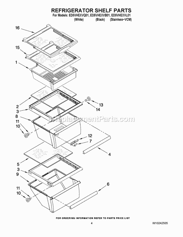 REFRIGERATOR SHELF PARTS Diagram and Parts List for ED5VHEXVB01  Whirlpool Refrigerator
