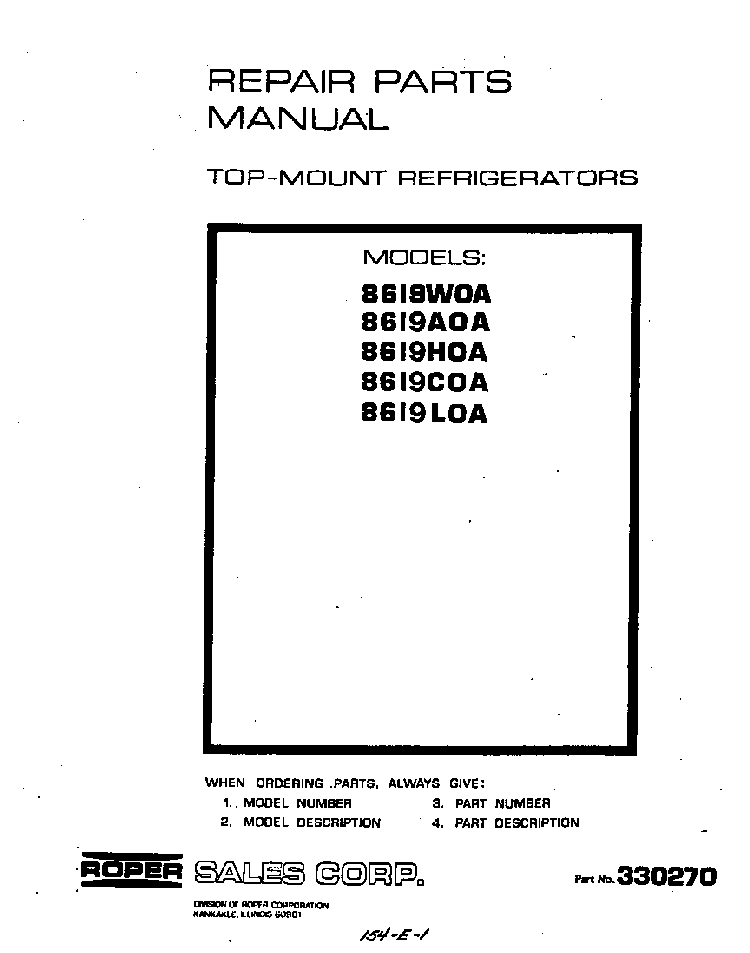 Front Cover Diagram and Parts List for 8619*0A  Roper Refrigerator
