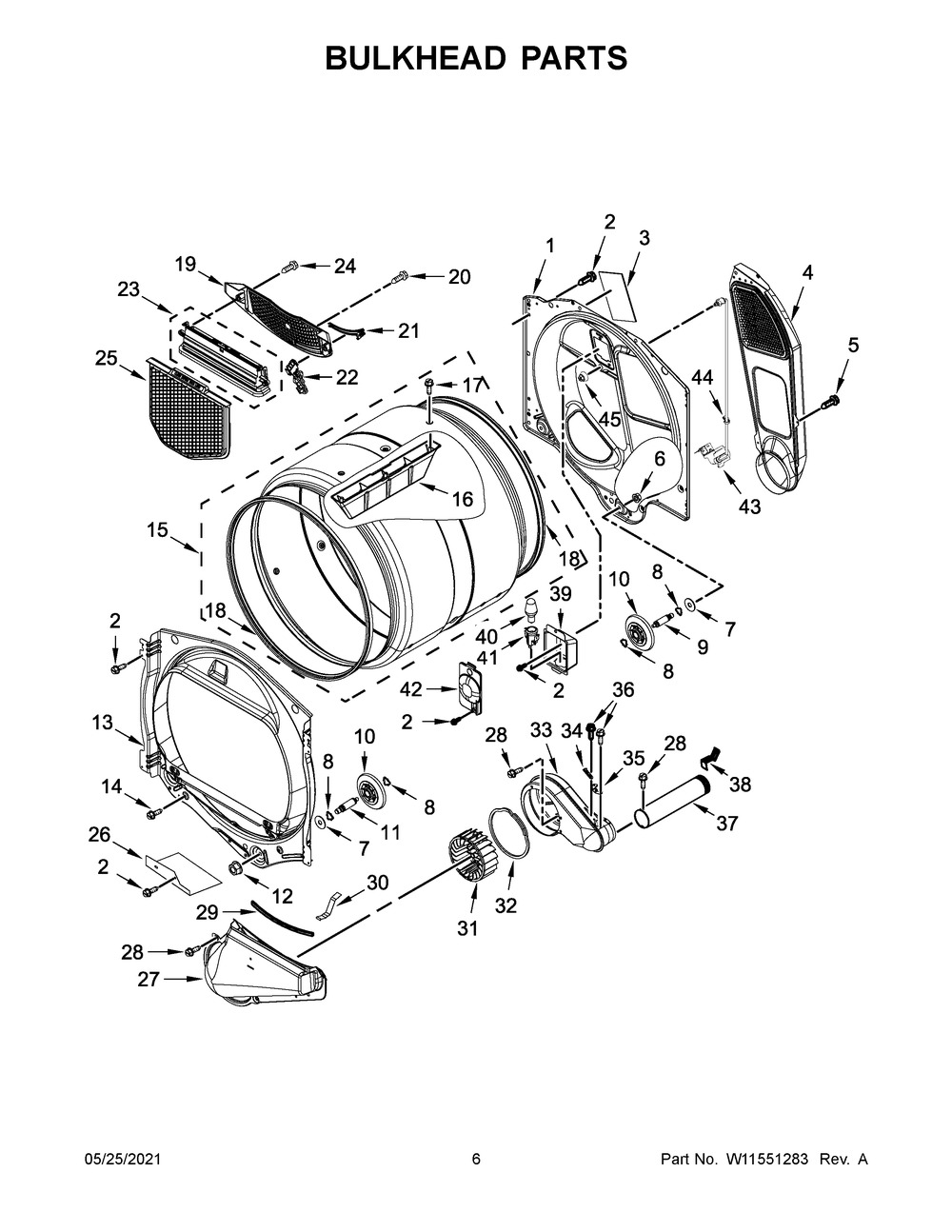 Bulkhead Parts Diagram and Parts List for MED7230HC2  Whirlpool Dryer
