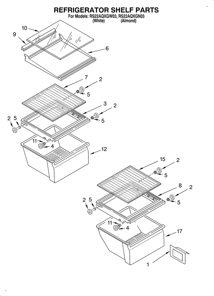 Refrigerator Shelf Diagram and Parts List for RS22AQXGN03  Roper Refrigerator