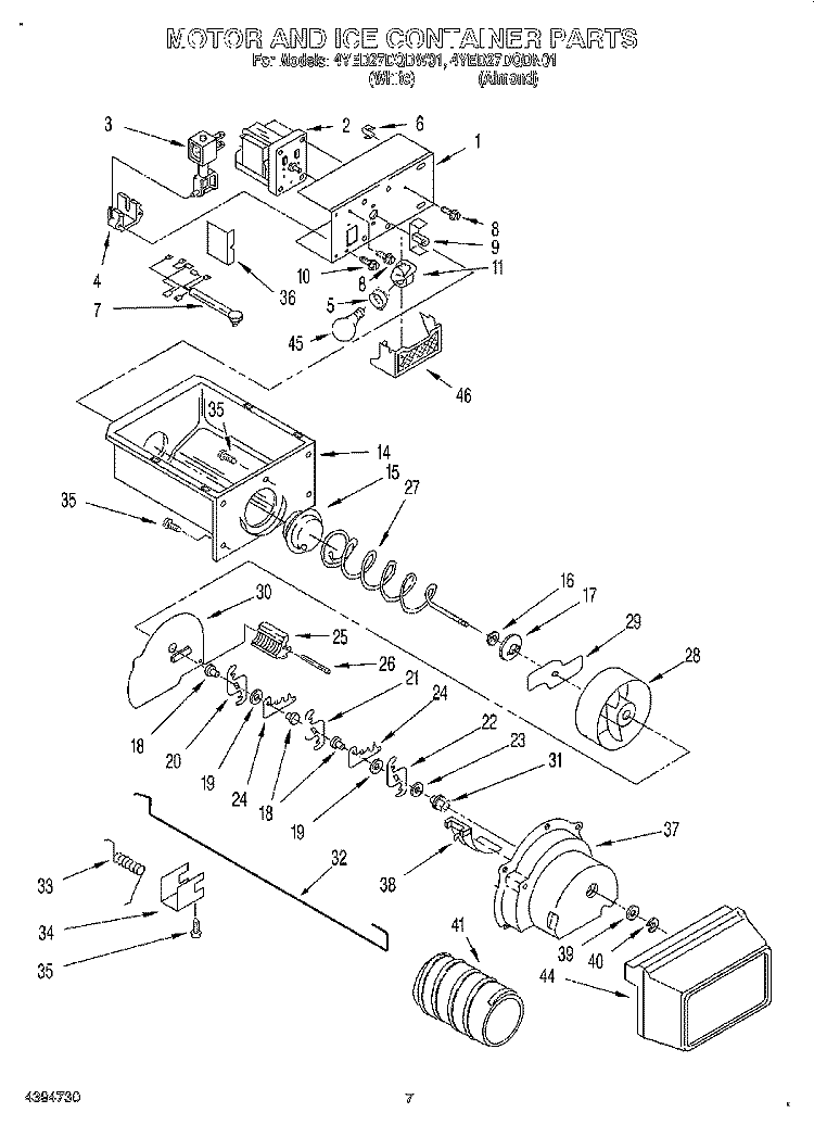 MOTOR AND ICE CONTAINER Diagram and Parts List for 4YED27DQDW01  Whirlpool Refrigerator