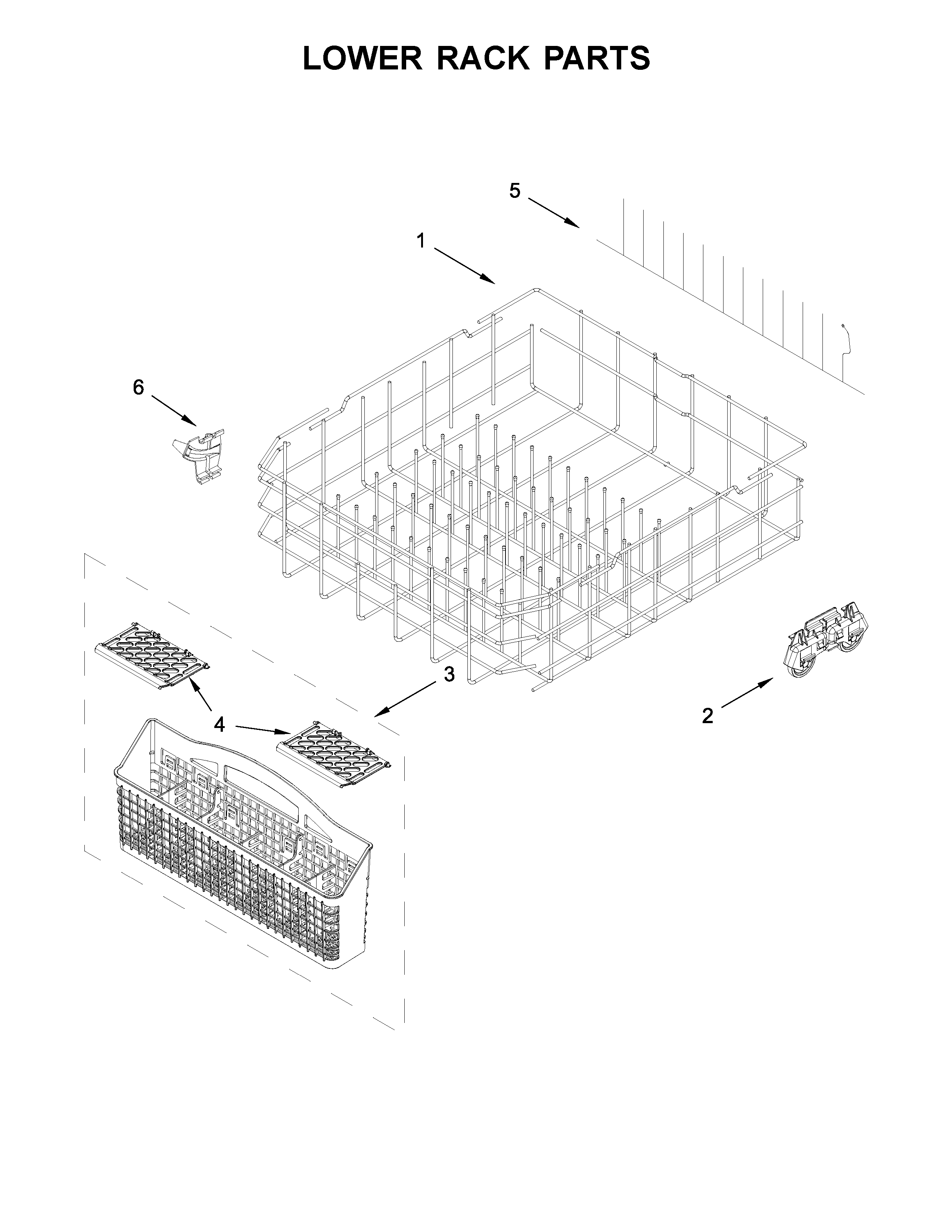Lower Rack Parts Diagram and Parts List for 66513204N412  Kenmore Dishwasher