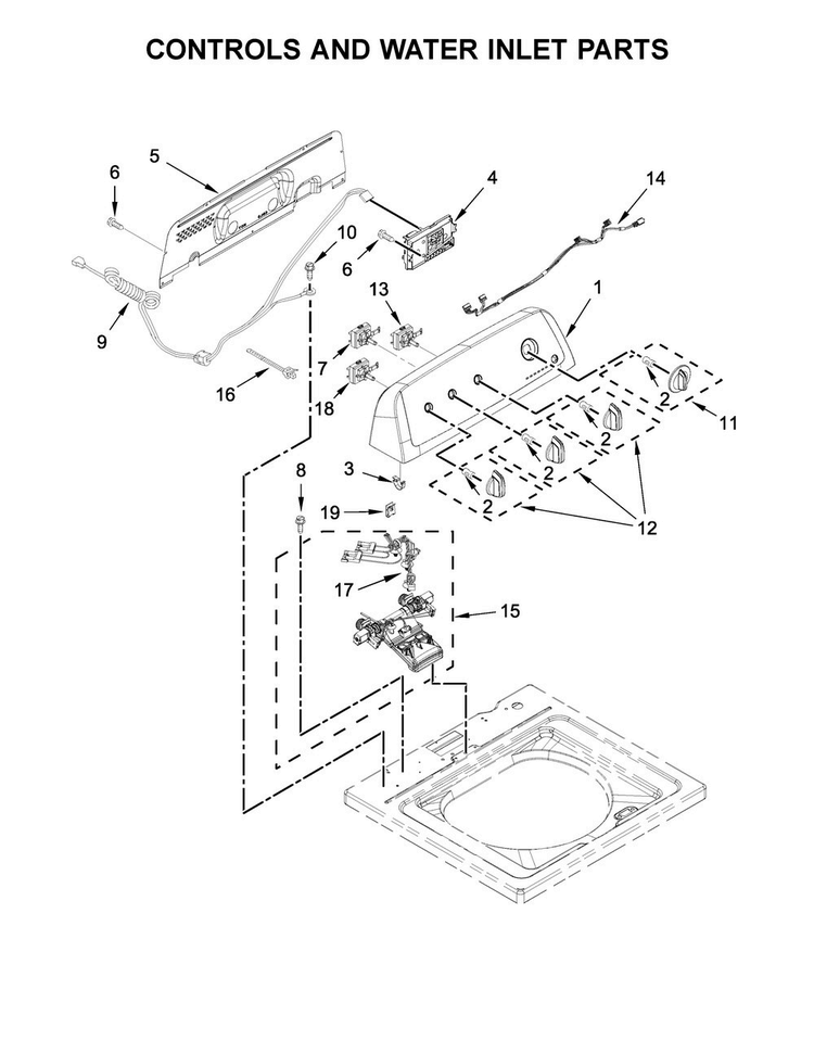 Controls And Water Inlet Parts Diagram and Parts List for 3LWTW4705FW0  Whirlpool Washer