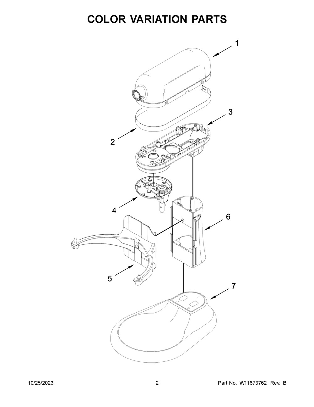 Color Variation Parts Diagram and Parts List for 5KSM70SHXADR0  KitchenAid Mixer