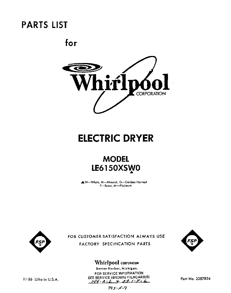 SECTION Diagram and Parts List for LE6150XSW0  Whirlpool Dryer