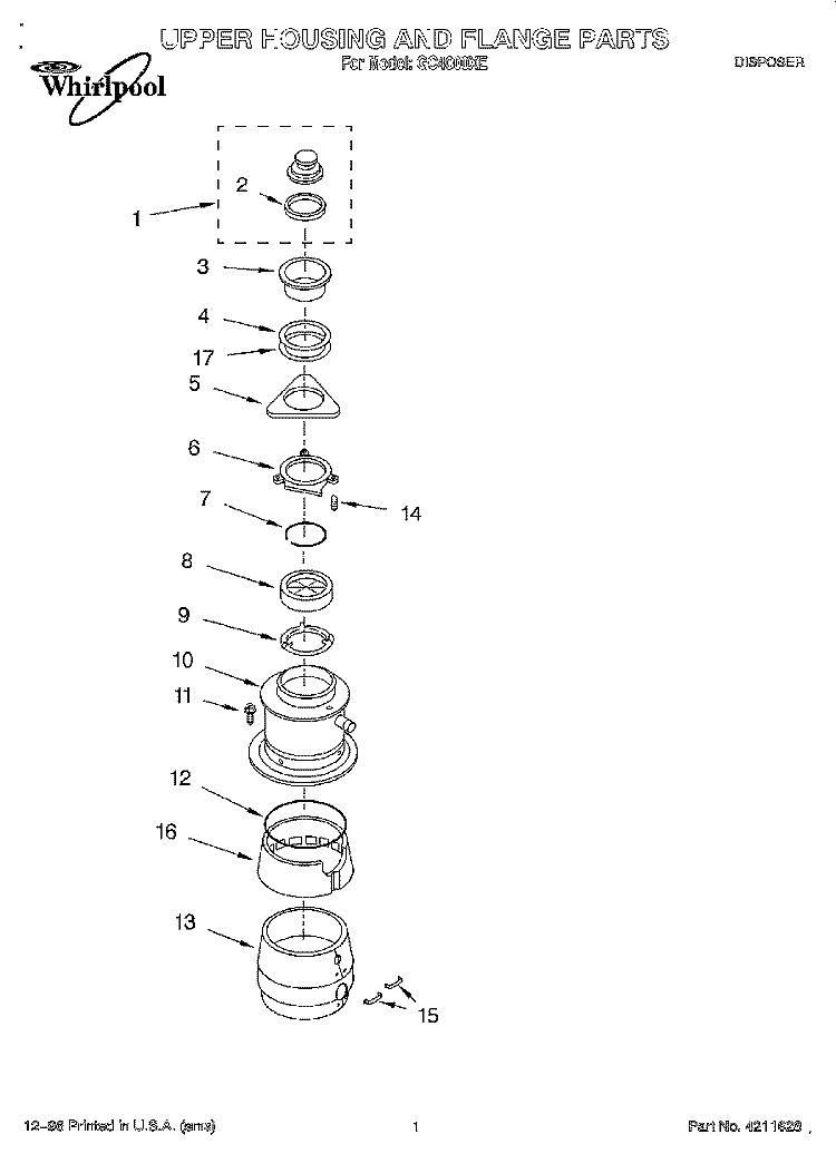 SECTION Diagram and Parts List for GC4000XE  Whirlpool Food Waste Disposer
