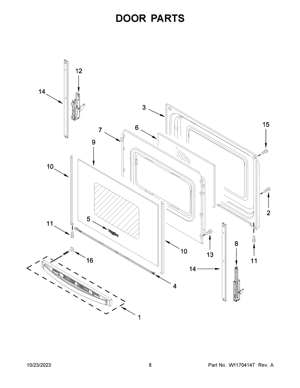 Door Parts Diagram and Parts List for YWFE505W0JW4  Whirlpool Range