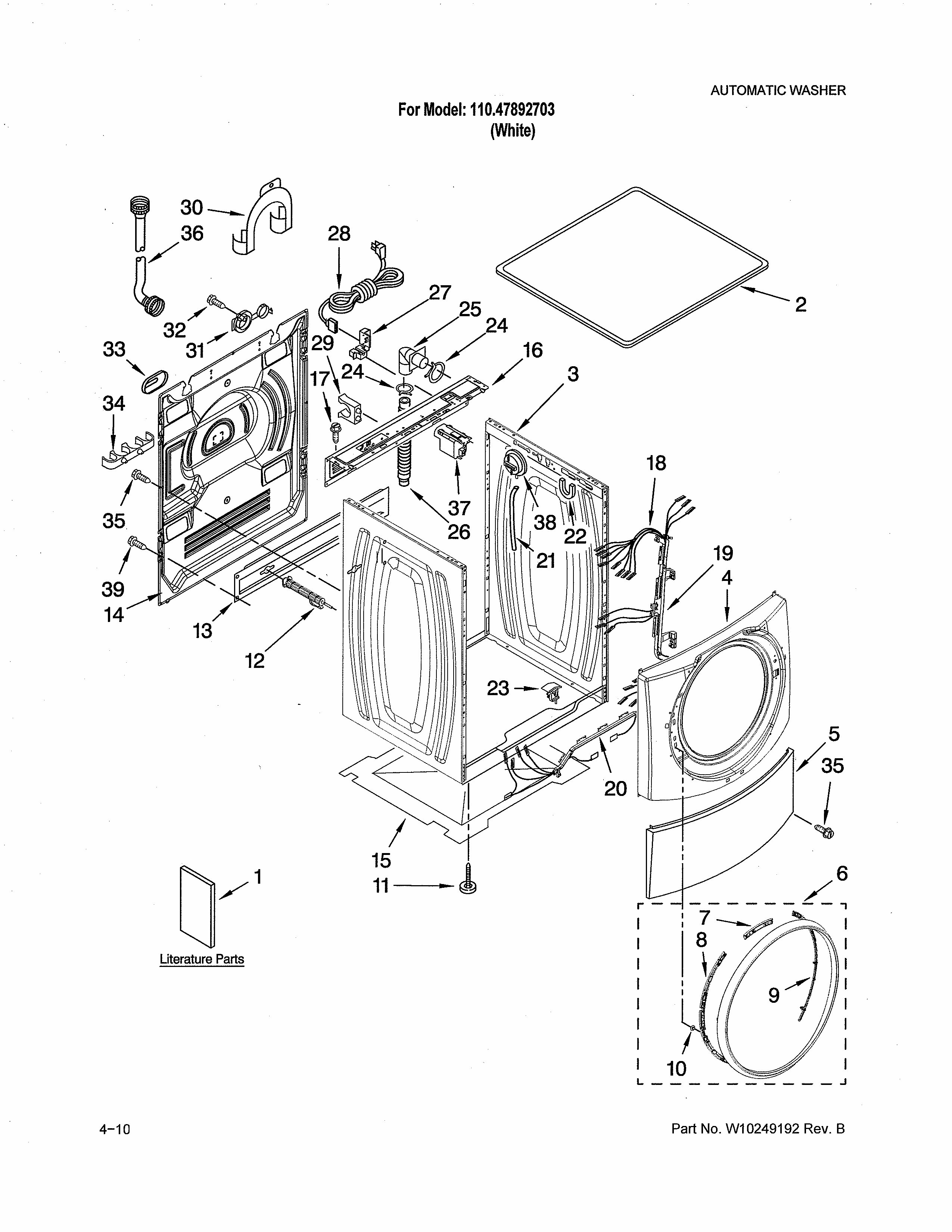 Top & Cabinet Diagram and Parts List for 11047892703  Kenmore Washer