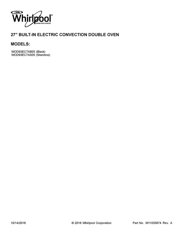 Cover Sheet Diagram and Parts List for WOD93EC7AB05  Whirlpool Wall Oven