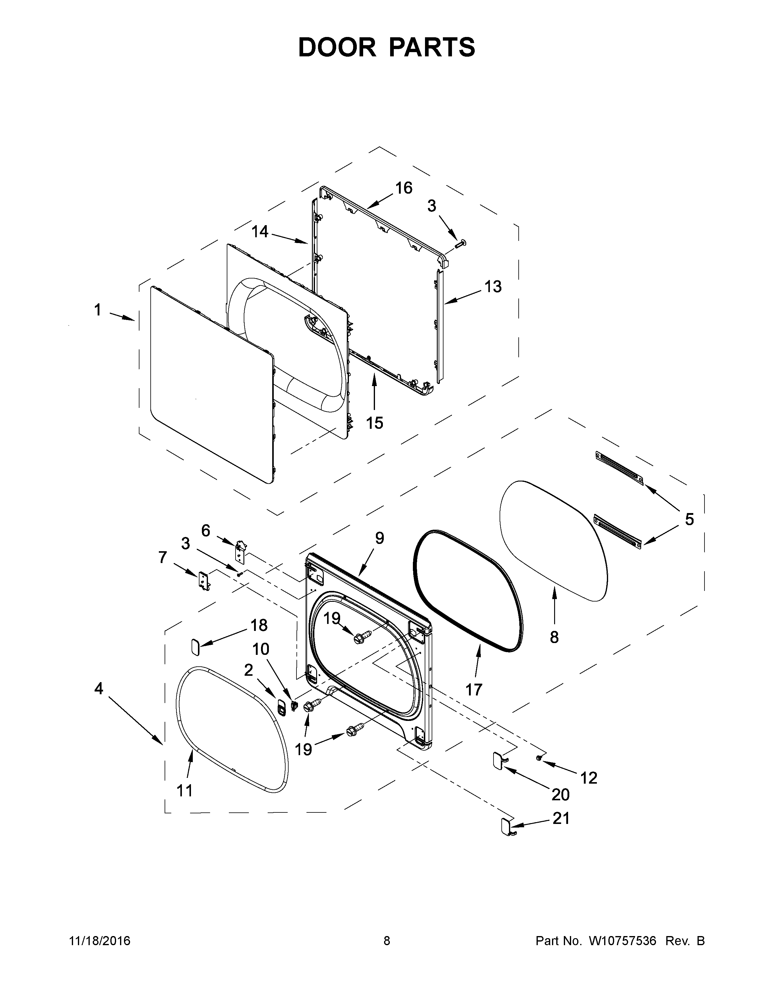 Door Parts Diagram and Parts List for 110C69132410  Kenmore Dryer