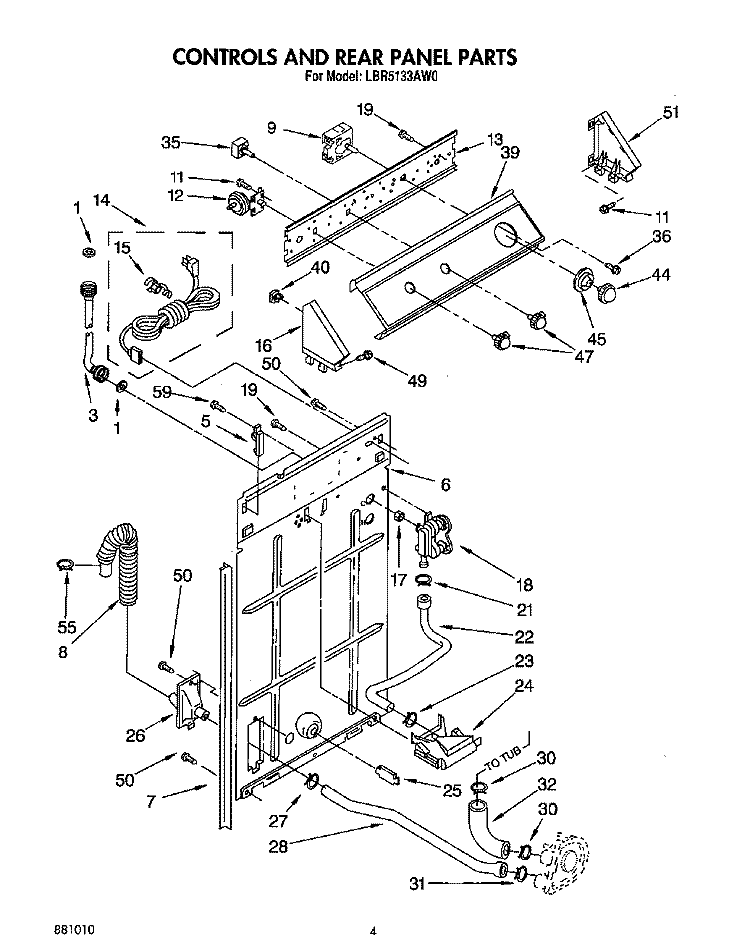 CONTROLS AND REAR PANEL Diagram and Parts List for LBR5133AW0  Whirlpool Washer